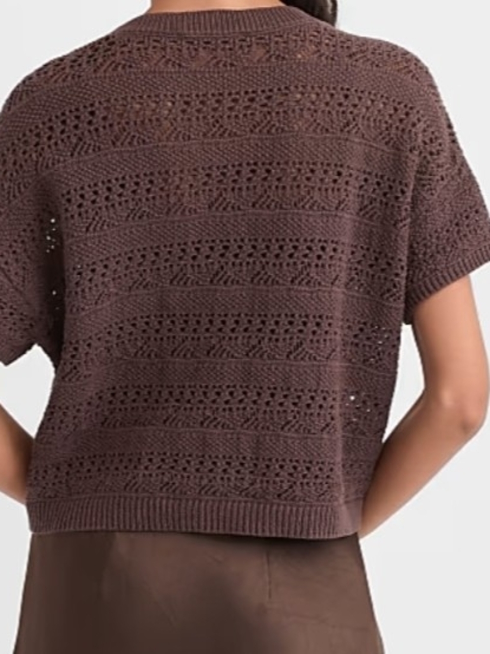 LOFT Deepest Brown Pointelle Knit Short Sleeve Sweater Tee - Picture 2 of 9